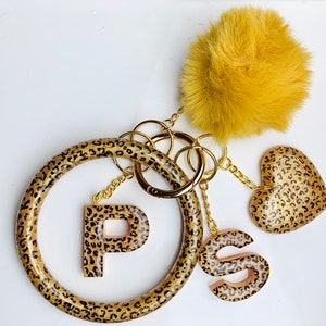 Cheetah Print Gold Personalized Resin Initial Keychain Set