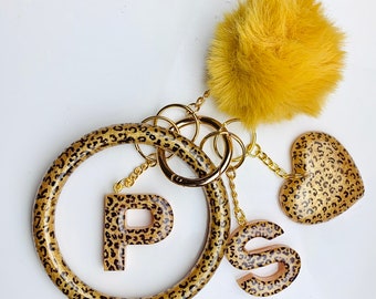 Cheetah Print Gold Personalized Resin Initial Keychain Set