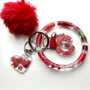 Red Floral Personalized Resin Initial Keychain Bracelet Set |Custom Keychain Holder
