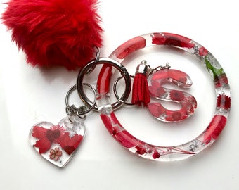 Red Floral Personalized Resin Initial Keychain Bracelet Set |Custom Keychain Holder