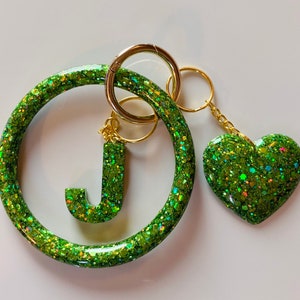 Sparkling Green Set Personalized Resin Initial Keychain Bracelet Set |Custom Keychain Holder