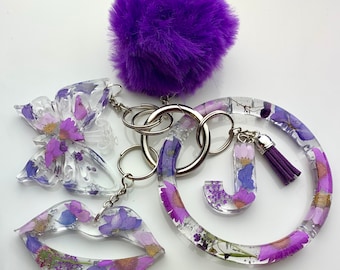 Purple Floral Personalized Resin Initial Keychain Bracelet SetCustom Keychain Holder