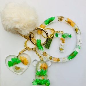 Green/Orange/White Personalized Resin Initial Keychain Bracelet Set |Custom Keychain Holder