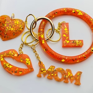 Sparkling Orange with Gold Flakes Personalized Resin Initial Keychain Bracelet Set |Custom Keychain Holder
