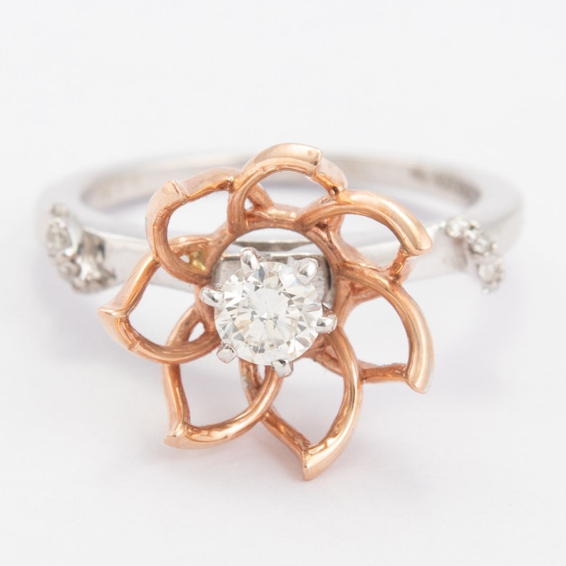 Lotus Flower Engagement Ring / 14k Gold Diamond Ring 0.35ct / Etsy
