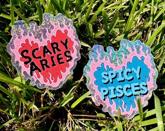 May include: Two heart-shaped stickers with glittery edges rest on grass. One sticker reads "SCARY ARIES" in red, the other reads "SPICY PISCES" in blue. Both have a pink background with flame-like designs.