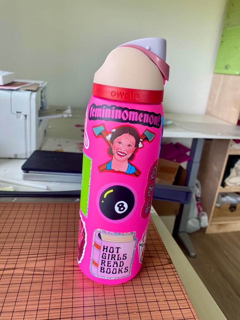 May include: Pink reusable water bottle with a variety of stickers, including a sticker that says "femininoomenon!" and a sticker that says "Hot Girls Read Books".