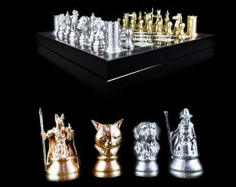 Unique Cat Versus Dog Chess Set with Chessboard - Personalized Pet Chess Game for Animal Lovers