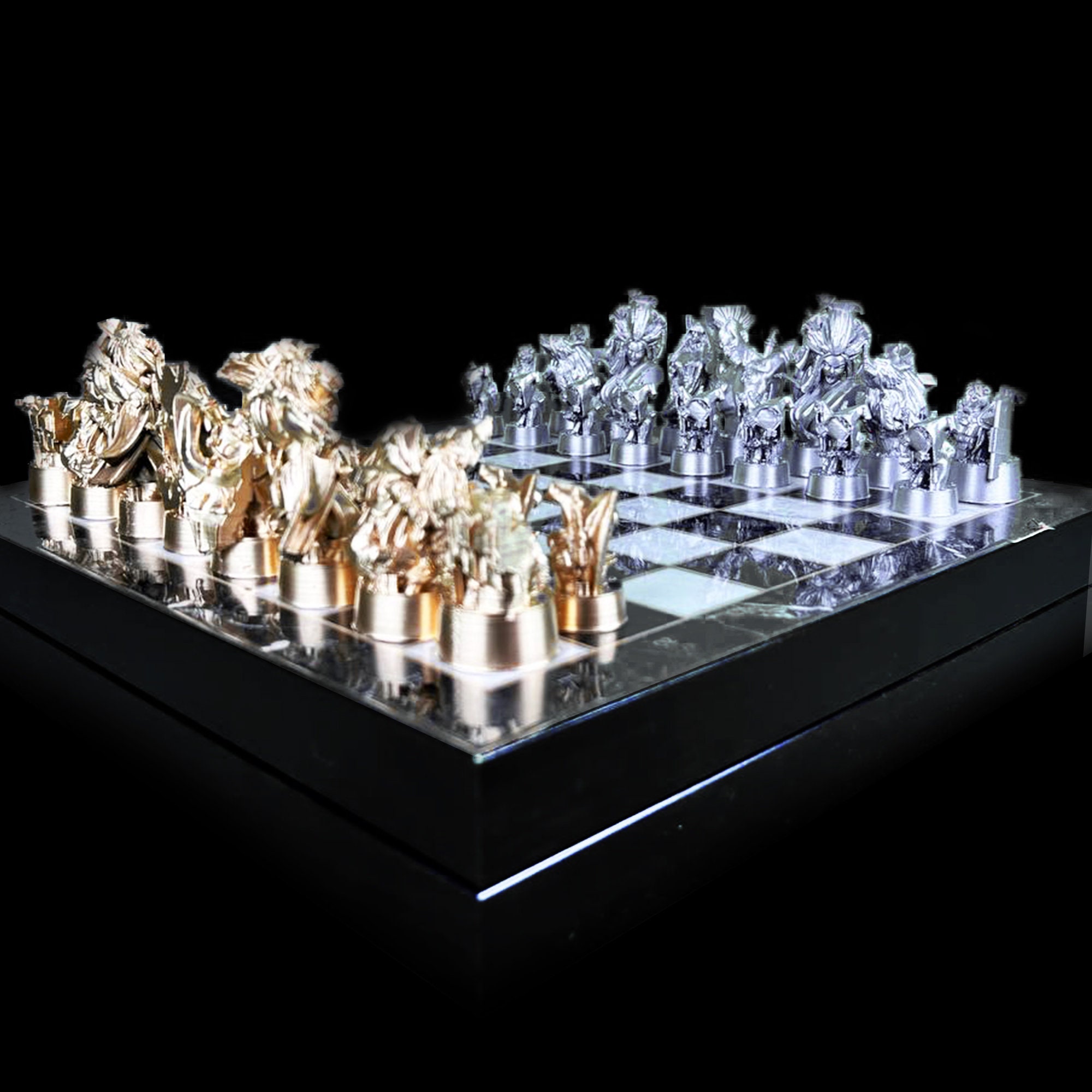 A chess board set up for a strategic game in hyper realistic brilliant neon  rainbow cyber punk