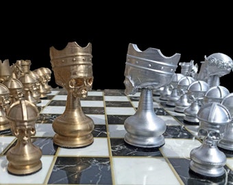 Skull Chess Set: Handmade Multicolor Skeleton Chess Game with Marble Board