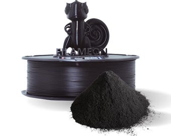 May include: A black 3D printer filament spool with a decorative chameleon figurine. The word "FLAMEON" is printed on the base. A pile of black powder is in the foreground. The items are set against a white background.