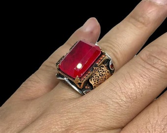 Handmade 925K Silver Ring for Men with Red Zircon Stone - Special Pattern Silver Men Accessory - Men Jewelry Ring