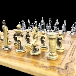 Personalized Handcrafted Wooden Chess Set, Metal Chess Set | Personalized Chessboard | Gold - Silver