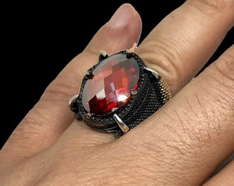 925K Silver Red Stone Zircon Stone Men Ring - Eagle Section Silver Men Accessory - Men Jewelry Ring