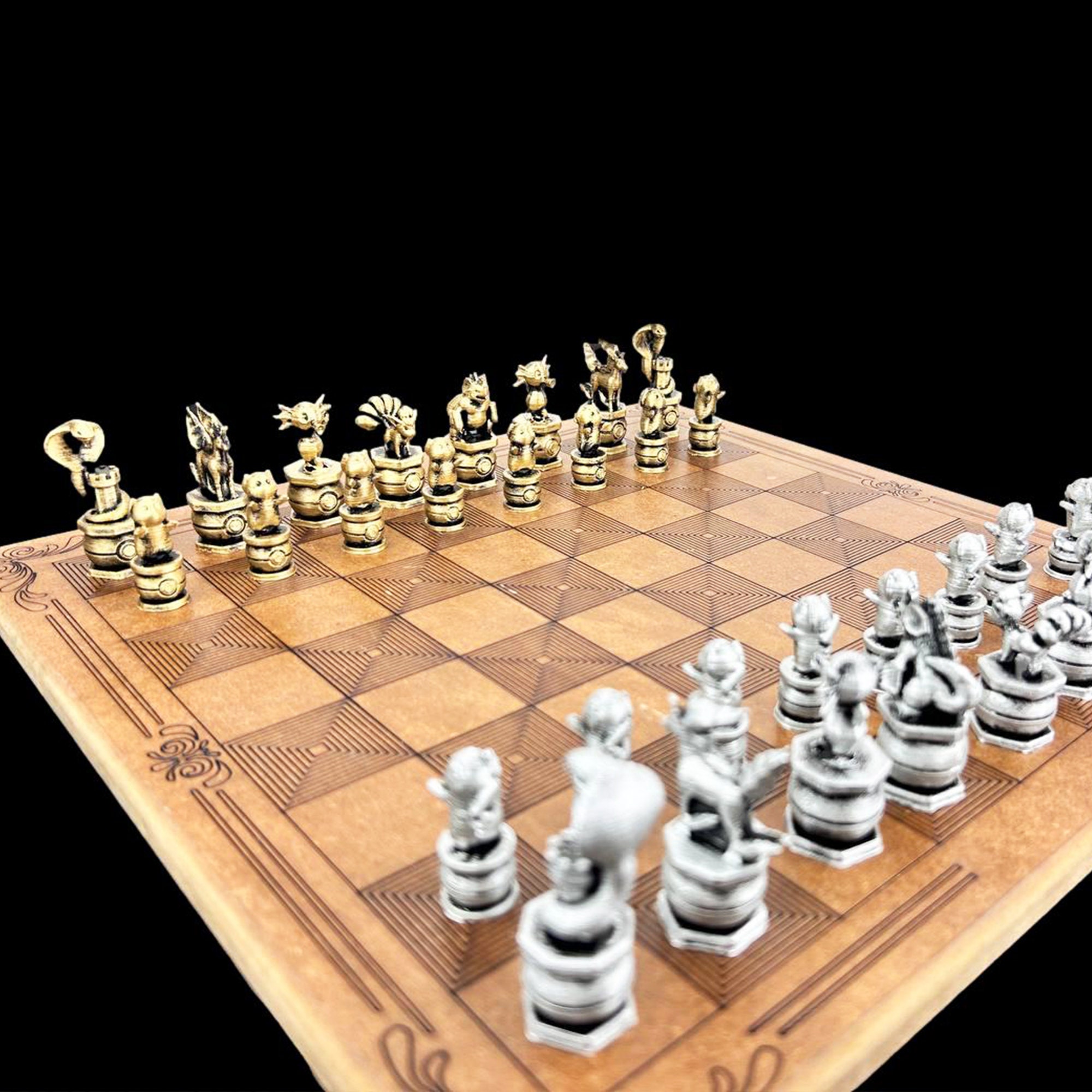 Metall Pokemn Schach Set Beliebtes Pokemn Schachspiel Benutzerdefinierte Schachfiguren | Personalisiertes Schachbrett | Gold - Silber