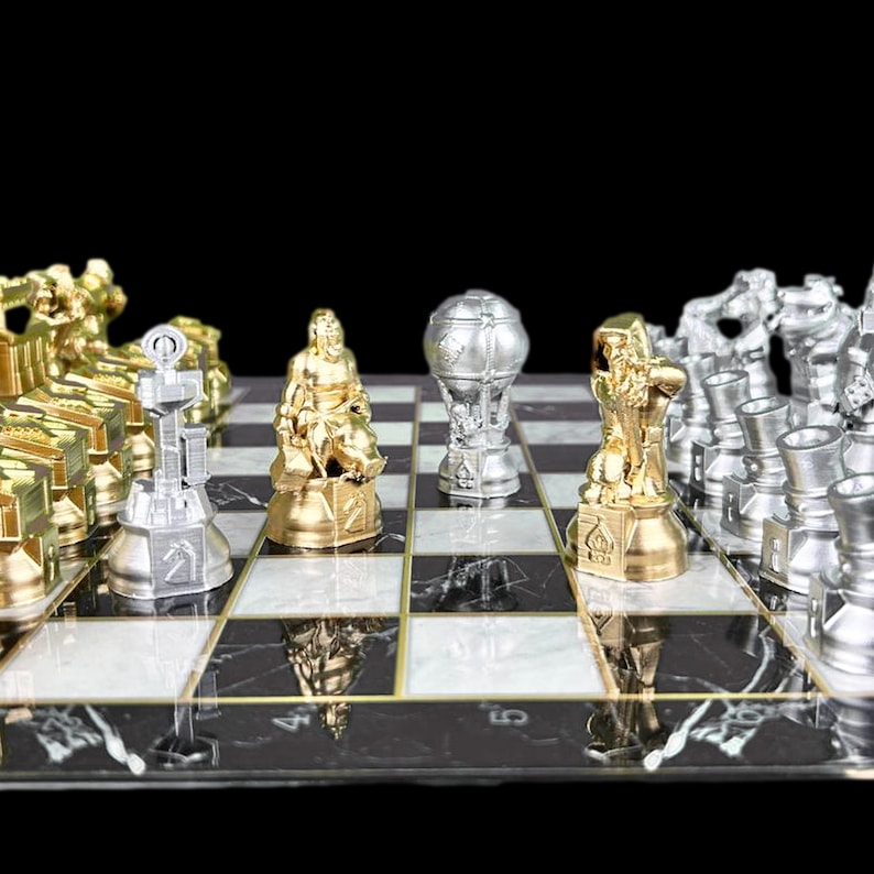 May include: A black and white marble chessboard with gold and silver chess pieces. The pieces are arranged in a game in progress. The pieces include a king, queen, bishop, knight, rook, and pawn. The board is made of a high-quality material and is perfect for any chess enthusiast.