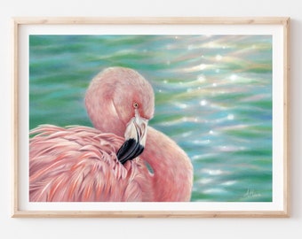 Pinker Flamingo Tier Kunstdruck, Pastell Malerei, Kunst Dekor, Wildlife Art