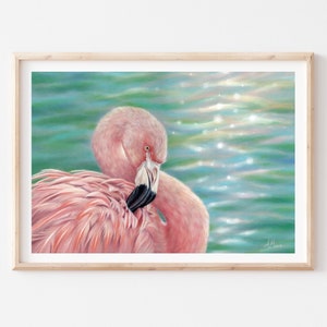 Pink Flamingo Animal Art Print, Pastel Painting, Art Decor, Wildlife Art