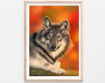 Autumnal Wolf Animal Art Print of Original Pastel Painting, Wolf Print, Animal Art, Wolf Art, Animal Print
