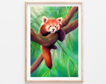 Playful Red Panda Animal Art Print of Original Pastel Painting, Panda Art, Animal Art, Art Print, Nursery Art Print