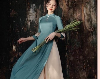 Pre-make Vietnamese Traditional Ao Dai, blue Ao Dai with pant for women, girl birthday Wedding party