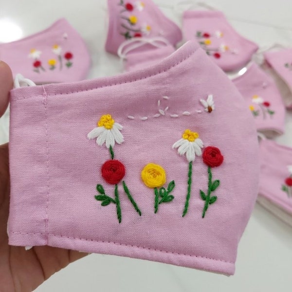 Hand-Embroidered Cotton Washable 4-Layer Face Mask with filter pocket