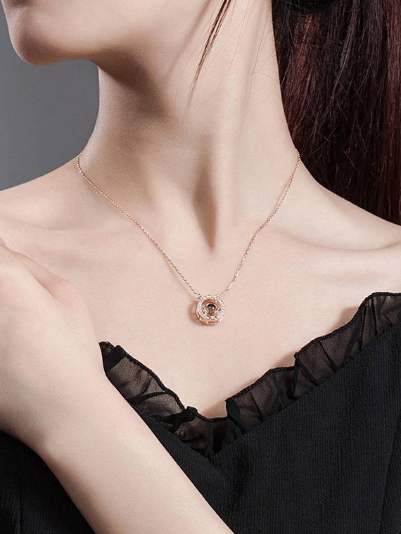 Rhinestone Pendant Light Projection I LOVE YOU Engraved Necklace