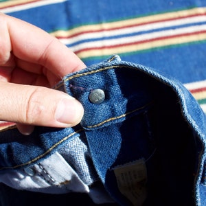 May include: Close-up of the inside of a pair of blue denim jeans showing the top button and waistband. The jeans are turned inside out.