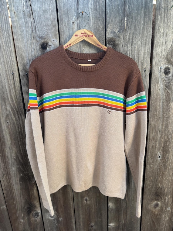 OP Ocean Pacific Chest Striped Rainbow Sweater Acrylic Sz Large 1970s