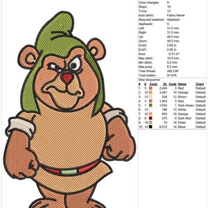 May include: A cartoon bear with a green hood and brown fur is shown in a 4x4 inch embroidery hoop. The bear has a red nose and a grumpy expression. The design is for embroidery and includes 10 color changes, 12 trims, and 9 stops.
