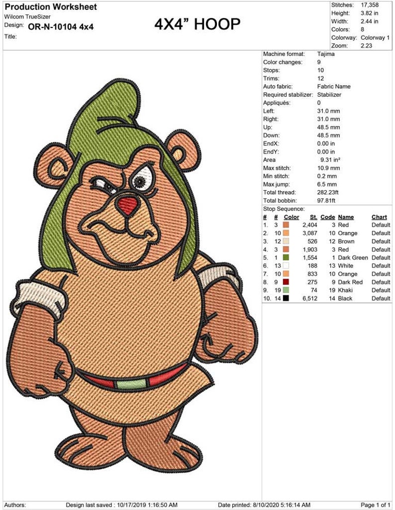 May include: A cartoon bear with a green hood and brown fur is shown in a 4x4 inch embroidery hoop. The bear has a red nose and a grumpy expression. The design is for embroidery and includes 10 color changes, 12 trims, and 9 stops.
