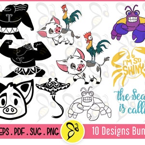 Moana SVG Vector Art Bundle, Moana Vector Design, Maui Wikia, Heihei, Pua, Tamatoa, Flap Flap SVG Vector File, Tamatoa Outline Vector Art