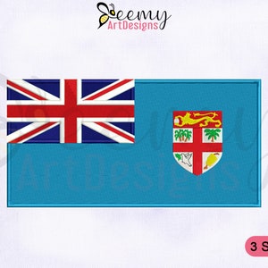 May include: A blue and red embroidered flag of Fiji. The flag features a Union Jack in the upper left corner and the Fijian coat of arms in the lower right corner. The text "3 SIZES" is visible in the lower right corner of the image.