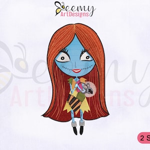 May include: Embroidered design of a blue and white character with red hair holding a heart-shaped object. The character is wearing a patchwork dress and has a stitched smile. The design is available in two sizes.