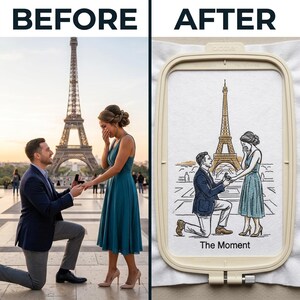 May include: A split image showing a photograph of a marriage proposal in front of the Eiffel Tower on the left and an embroidery hoop on the right containing a stitched recreation of the scene with the text The Moment printed below the design.