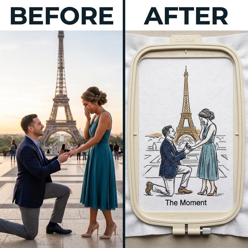 May include: A split image showing a photograph of a marriage proposal in front of the Eiffel Tower on the left and an embroidery hoop on the right containing a stitched recreation of the scene with the text The Moment printed below the design.