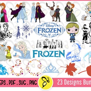 May include: A digital download bundle of 23 Frozen-themed designs, including characters like Elsa, Anna, Olaf, and Kristoff, as well as snowflakes, a castle, and the words "Disney Frozen".