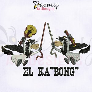 May include: Two cartoon horses dressed as musicians, one playing a guitar and the other a clarinet, with the text "EL KA"BONG" below them.