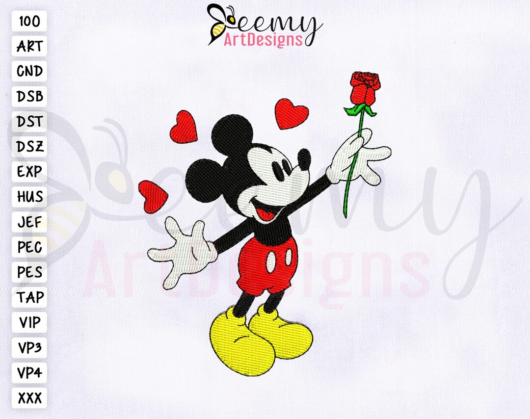 Mickey Mouse With Flower Embroidery Design, 4x4 Hoop EMB, Valentines