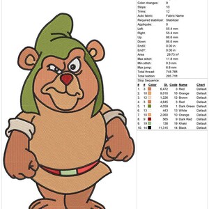 May include: An embroidery design for a 5x7 inch hoop featuring a cartoon bear wearing a green hat and brown clothing. The design includes the text "OR-N-10104 5x7".