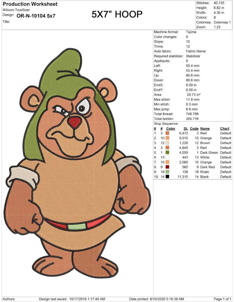 May include: An embroidery design for a 5x7 inch hoop featuring a cartoon bear wearing a green hat and brown clothing. The design includes the text "OR-N-10104 5x7".