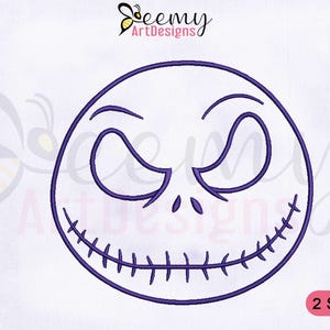 Puede incluir: Un dibujo lineal morado de una cara circular con boca cosida y cuencas de los ojos, que se asemeja a un personaje de una popular película de animación. La imagen incluye el texto "2 SIZES" y el logotipo "Beemy ArtDesigns".