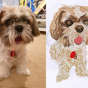 May include: A side-by-side comparison showing a photograph of a brown and white Shih Tzu dog with a pink collar next to a detailed machine embroidery design of the same dog, featuring textured stitching in shades of brown, white, and red.