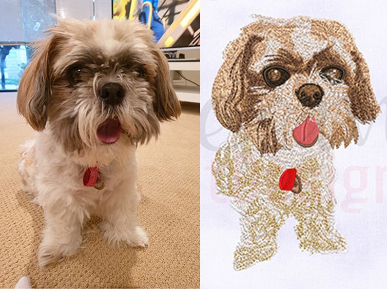 May include: A side-by-side comparison showing a photograph of a brown and white Shih Tzu dog with a pink collar next to a detailed machine embroidery design of the same dog, featuring textured stitching in shades of brown, white, and red.