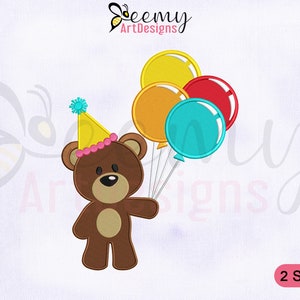 Birthday Bear Holding Balloons Embroidery Design, 4x4 and 5x7 Hoop, Birthday Bear Embroidery Design, Celebrating Birthday Embroidery Design