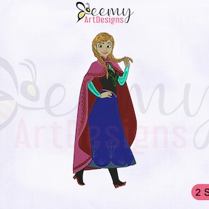 May include: Embroidered design of a cartoon character wearing a blue dress, red cape, and black boots. The character has long blonde hair and is holding a braid. The design is available in two sizes.