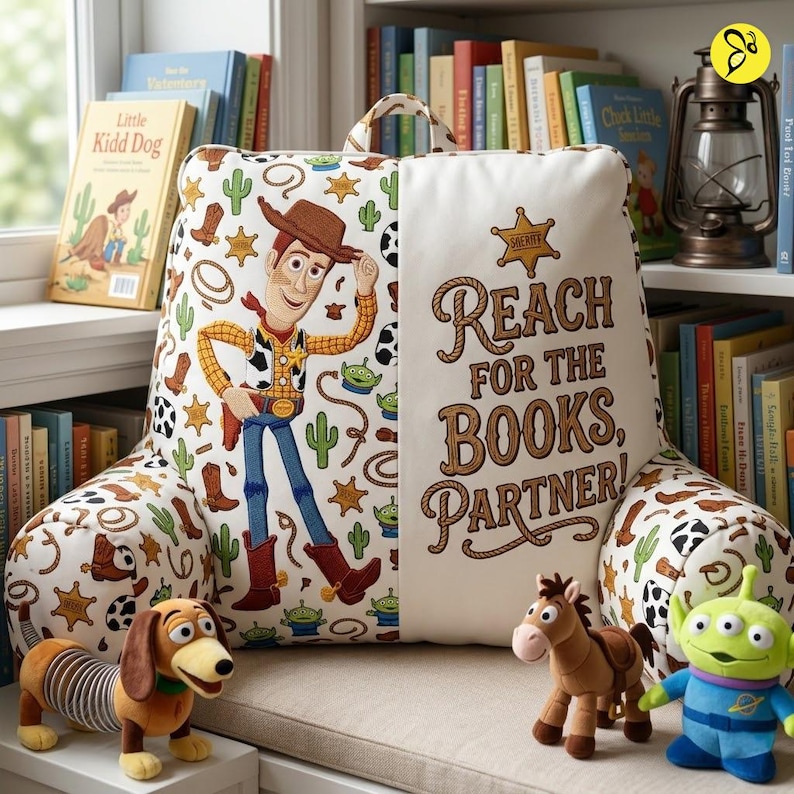 Może przedstawiać: Biała poduszka do czytania z grafiką Chudego z Toy Story po lewej stronie oraz napisem Reach for the Books, Partner! i gwiazdą szeryfa po prawej. Tkanina posiada wz&oacute;r w kaktusy, kowbojskie buty oraz postacie kosmit&oacute;w.