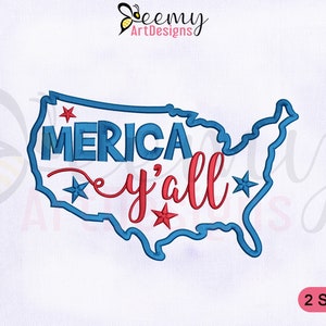 4 juli Merica Y'all kaart machineborduurontwerp | 4 x 4 en 5 x 7" In the Hoop-borduurontwerp | VS Merica Y'all Map borduurontwerpen