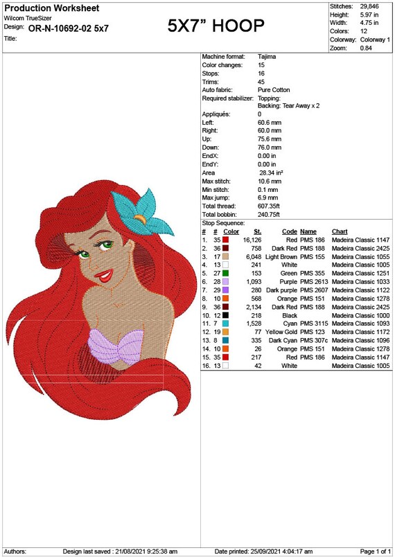 Ariel the Little Mermaid Embroidery Design, Ariel Embroidery