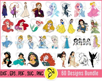 60 Princess Vector Art Designs Bundle Princess Anna, Elsa, Ariel, Aurora, Belle, Cinderella, Mulan, Jasmine, Merida, Moana Vector Art Design